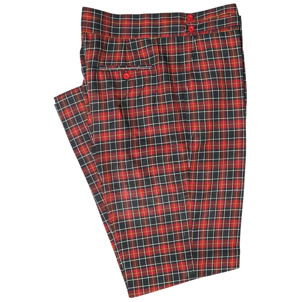 Mens Gurkha Pants 38 Red Black White Plaid Trousers Straight Fit Flat Front